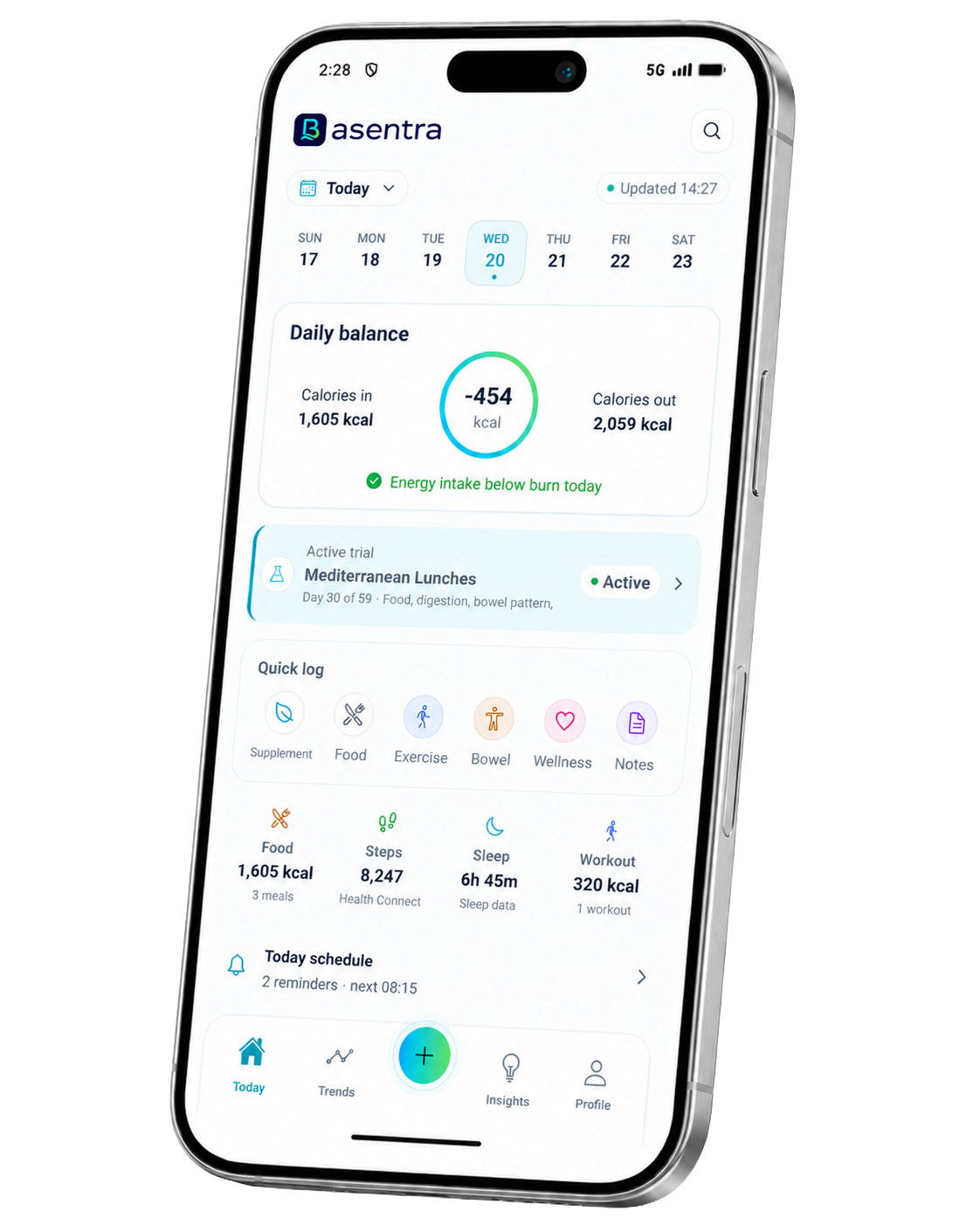 Basentra Today dashboard shown inside a realistic smartphone mockup.
