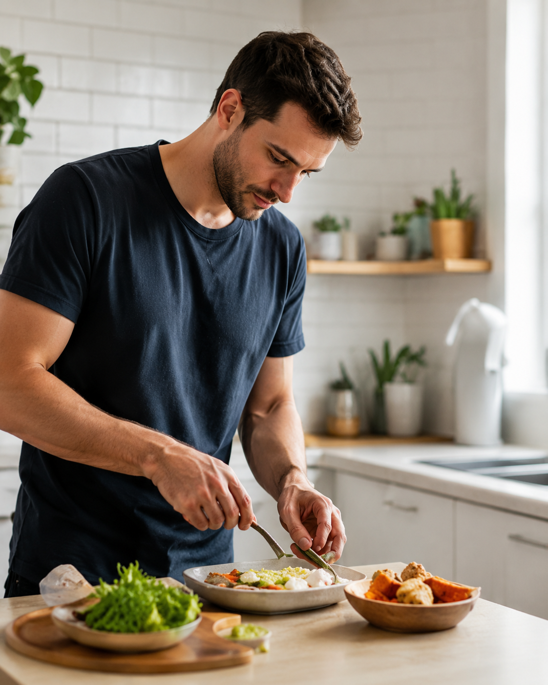 Person preparing a meal in a bright kitchen