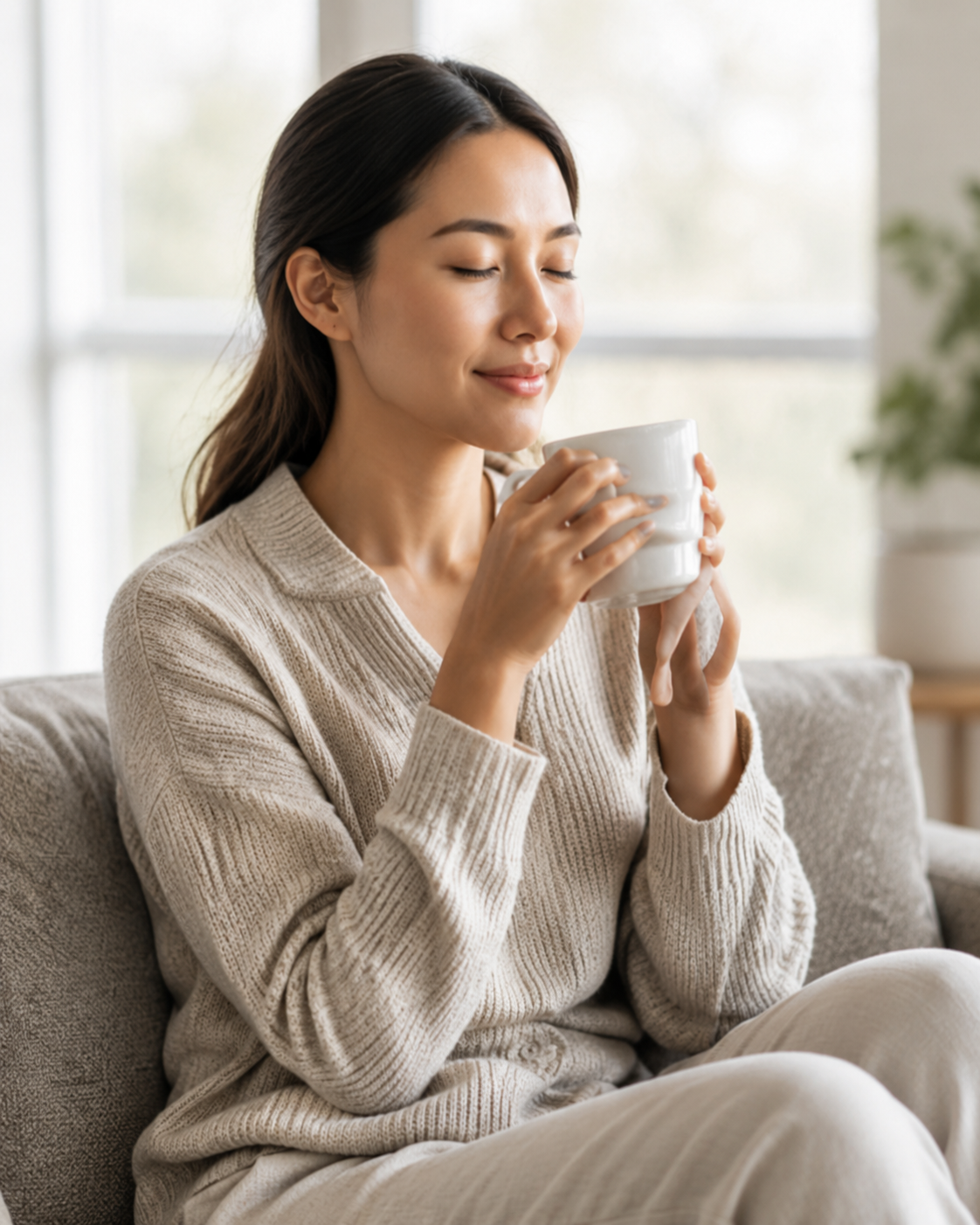 Person holding a warm drink in a calm setting