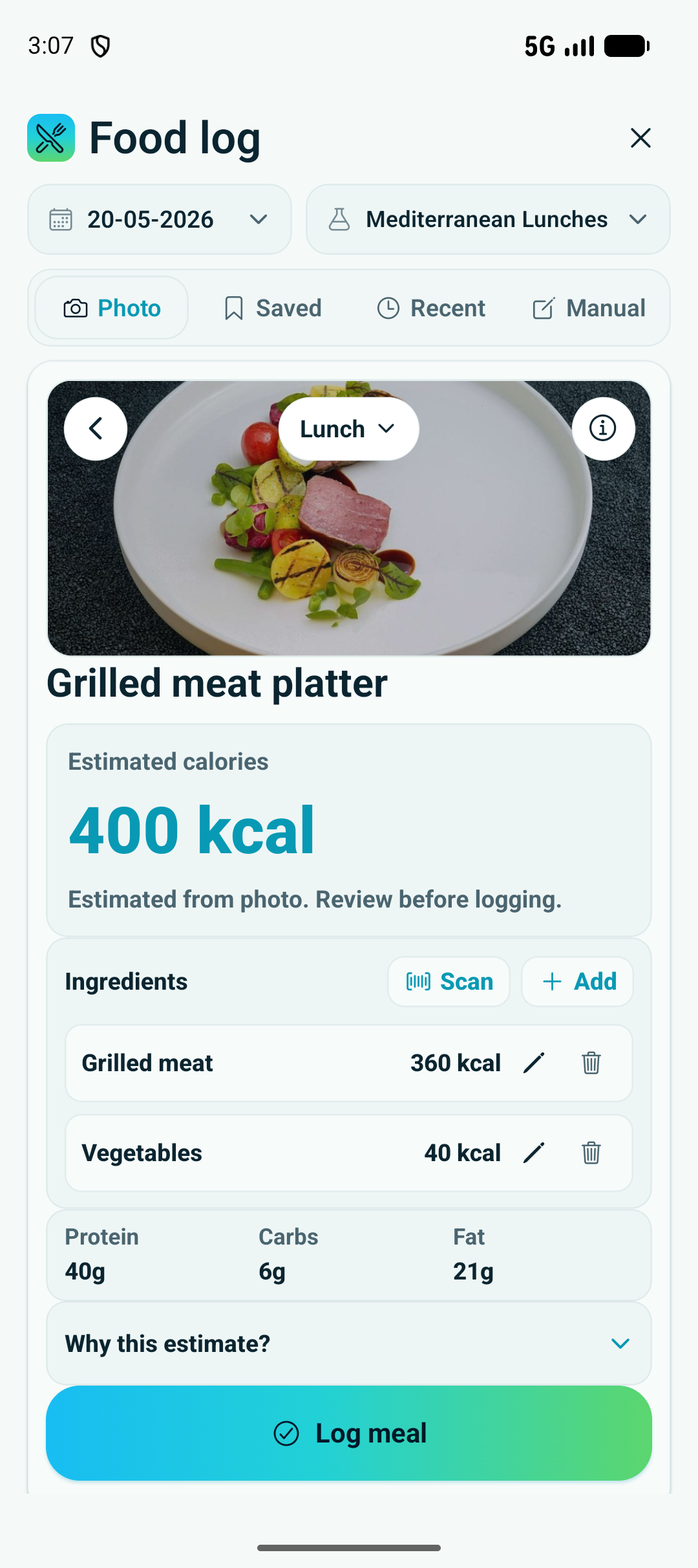 Basentra food photo analysis result with estimated calories, ingredients and macros.