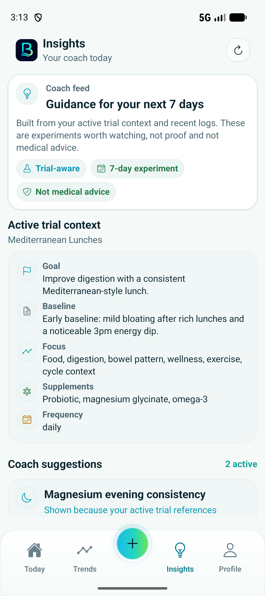 Basentra Insights coach feed with active trial context and cautious coach suggestions.