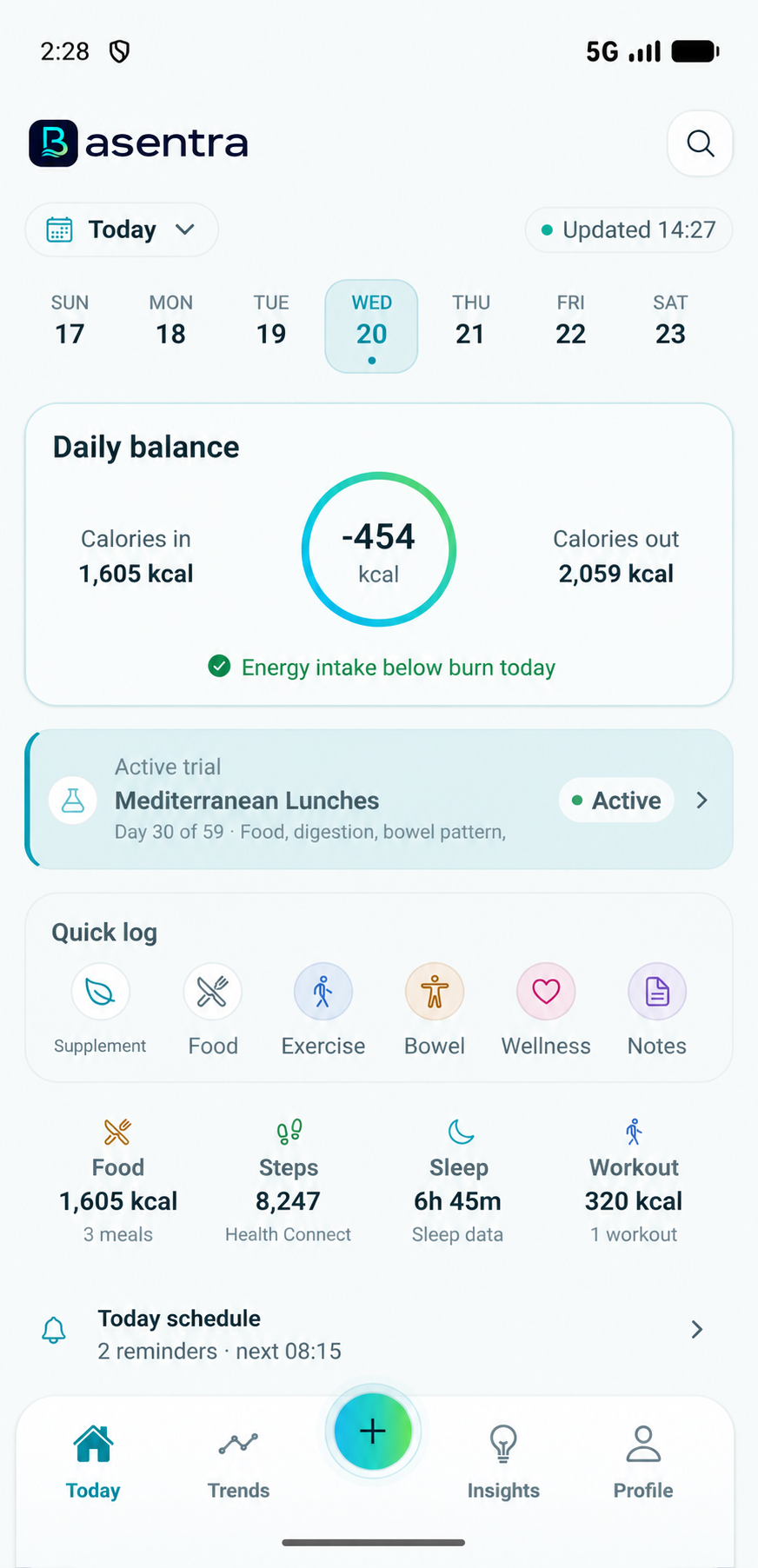 Basentra Today dashboard showing daily balance and quick log