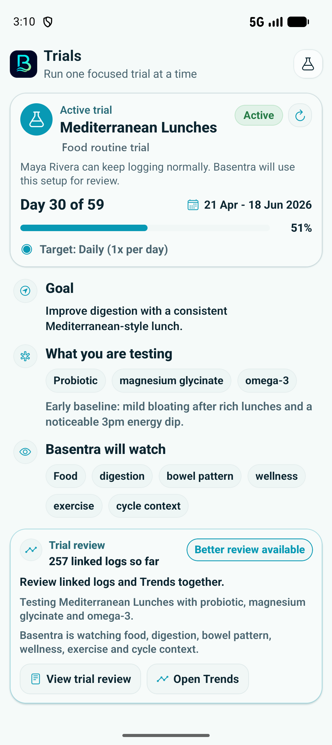 Basentra active trial detail screen.